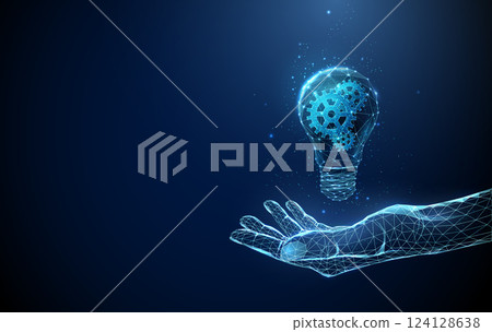 Abstract hand holding light bulb with cog wheels inside. Low poly style. AI solution concept. 124128638