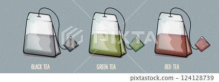 Black tea bag, green tea bag and red tea bag set isolated on grey background. Vector graphic design hand drawn cartoon string and tag Teabag collection clip art 124128739