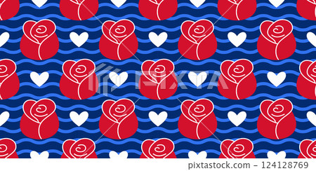 Seamless pattern with red roses and white hearts on blue wavy background. Flat design Seamless pattern with red roses and white hearts on blue wavy background. Flat design 124128769