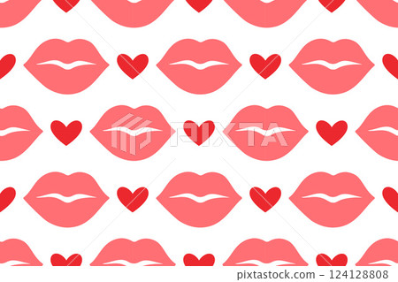 Seamless pattern with pink lips and red hearts on white background. Flat design pastel tones 124128808