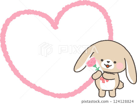 A saggy-eared rabbit holding a carnation and a heart-shaped speech bubble 124128824