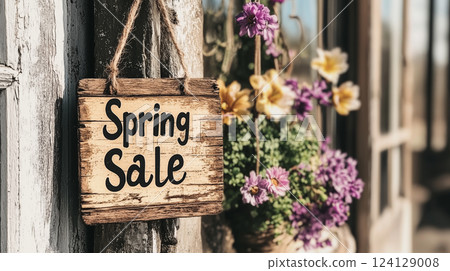 Wooden hanging sign with 'Spring Sale' announcement on outdoor background with vibrant flowers. Seasonal shopping and decor 124129008