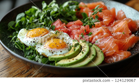 A delightful breakfast bowl featuring salmon, avocado, and eggs, topped with fresh greens for a healthy start. A delightful breakfast bowl featuring salmon, avocado, and eggs, topped with fresh greens for a healthy start. 124129067