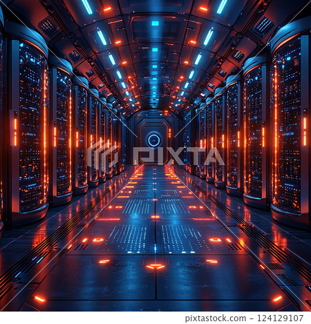 A futuristic data center corridor illuminated in vibrant blue and orange, showcasing advanced technology. 124129107