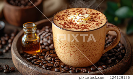 A rich, creamy coffee topped with cocoa powder sits among coffee beans and oil, inviting indulgence. 124129126