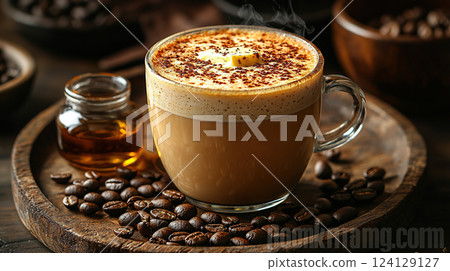 Aromatic butter coffee with honey served on a rustic wooden tray creates a cozy vibe. 124129127