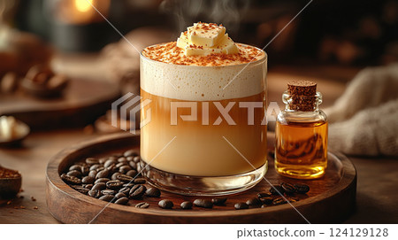Enjoy a cup of creamy bulletproof coffee, topped with butter and a sprinkle of cocoa, along with coffee beans. 124129128