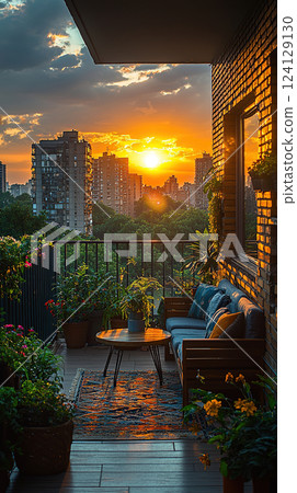 A tranquil balcony garden overlooks a vibrant cityscape as the sun sets, creating a cozy urban retreat. 124129130
