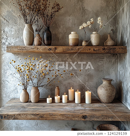 Rustic wooden shelves are adorned with ceramic vases filled with dried flowers and lit candles. 124129139