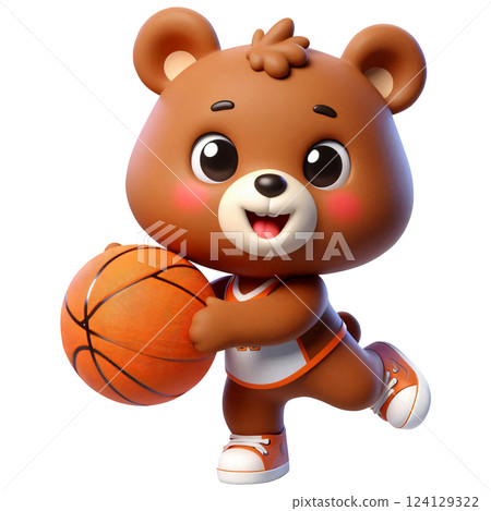 Cartoon of a brown bear playing basketball 124129322