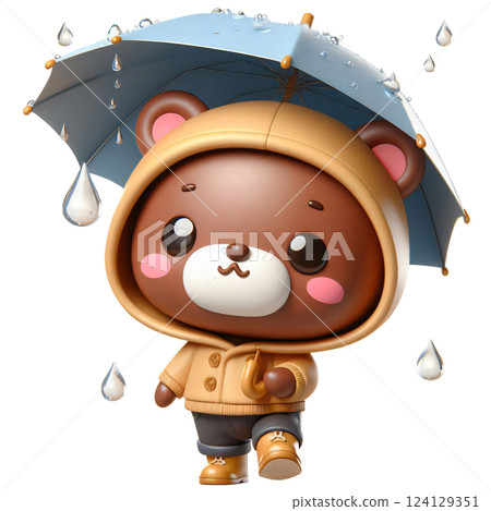Cartoon of a brown bear holding a wet umbrella in the rain Cartoon of a brown bear holding a wet umbrella in the rain 124129351