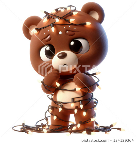 Cartoon of a brown bear wrapped in wires 124129364