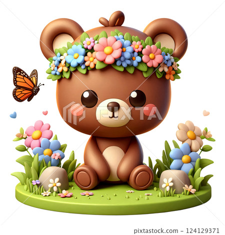 Cartoon of a brown bear sitting on the grass 124129371
