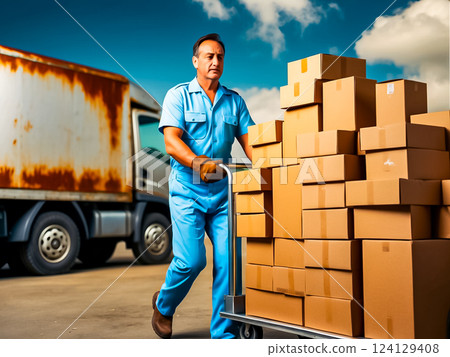 A man pushed a truck trolley full of cardboard boxes from a truck. 124129408