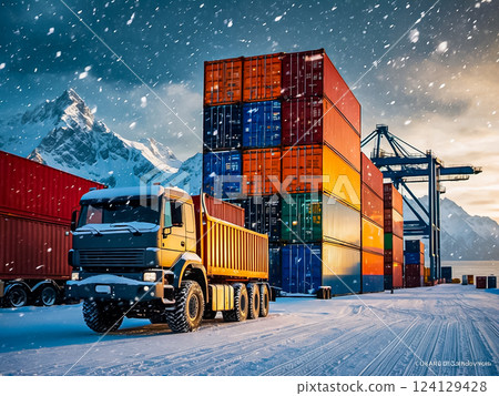 Truck already loaded the container park near the stack of containers in the sea port during snow fall. Truck already loaded the container park near the stack of containers in the sea port during snow fall. 124129428