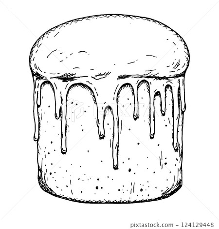 Traditional Easter cake with dripping glaze, hand-drawn in ink. A perfect addition to festive illustrations, food-related branding, and packaging. Suitable for culinary projects and decorative designs 124129448