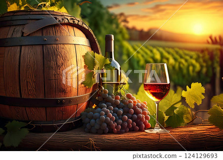 red wine and glass on wooden barrel red wine and glass on wooden barrel 124129693