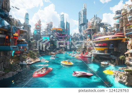 Futuristic Cityscape with Vibrant Buildings and Waterway with Speedboats, Digital Art 124129763
