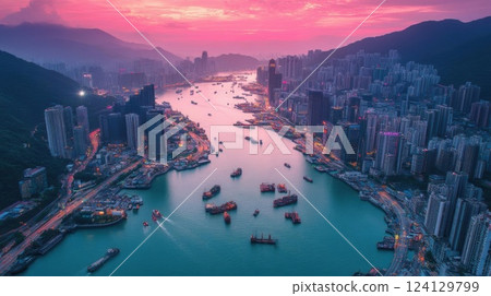 Futuristic Cityscape with Vibrant Buildings and Waterway with Speedboats, Digital Art 124129799