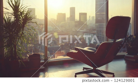 Futuristic Cityscape with Vibrant Buildings and Waterway with Speedboats, Digital Art 124129801