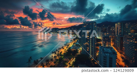 Futuristic Cityscape with Vibrant Buildings and Waterway with Speedboats, Digital Art 124129809