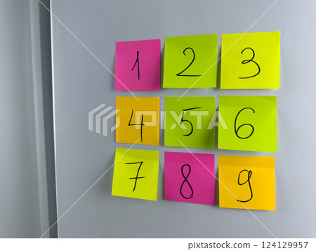 Card with written numbers on refrigerator at home for study children Card with written numbers on refrigerator at home for study children 124129957