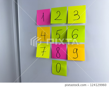 Multicolored sticky notes with numbers from zero to nine hanging on refrigerator Multicolored sticky notes with numbers from zero to nine hanging on refrigerator 124129960