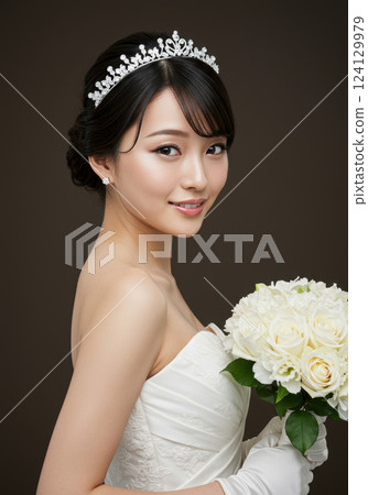 Smiling young woman in a wedding dress (AI-generated image) 124129979