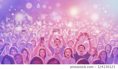 Watercolor illustration of a concert with an enthusiastic audience and fantastic lights 124130123