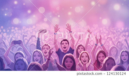 水彩畫描繪了一場觀眾熱情高漲、燈光絢麗的音樂會 水彩畫描繪了一場觀眾熱情高漲、燈光絢麗的音樂會 124130124