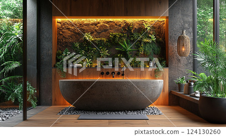 Elegant bathroom with a stone tub, a lush vertical garden, and soft light for a serene, spa-like experience. 124130260