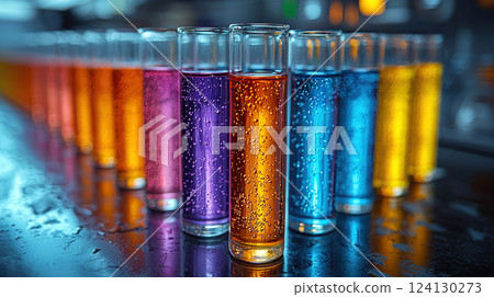 A striking lineup of colorful, sparkling drinks creates a vibrant and refreshing visual experience. 124130273