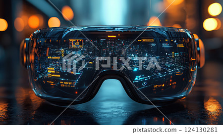 Sleek VR headset reflecting a glowing cityscape at night, symbolizing immersive digital experiences. Sleek VR headset reflecting a glowing cityscape at night, symbolizing immersive digital experiences. 124130281