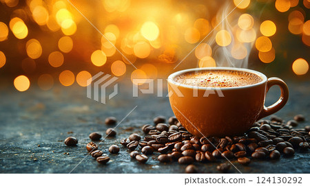 A steaming cup of fresh coffee sits atop scattered coffee beans, against a blurred lights background. 124130292