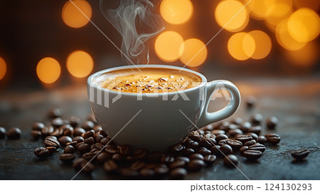 A steaming cup of coffee sits amidst scattered beans, illuminated by a soft bokeh background. 124130293