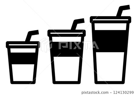 Simple monochrome icons of large, medium and small drinking cups Simple monochrome icons of large, medium and small drinking cups 124130299