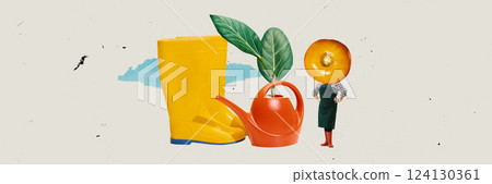 Contemporary art collage. Bright yellow boots, watering can, green leaves, and tomato-headed farmer standing. Surrealism. 124130361