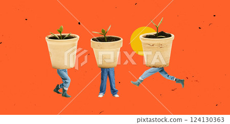 Contemporary art collage. Three figures with plant pot heads running against vibrant background. Surrealism. 124130363