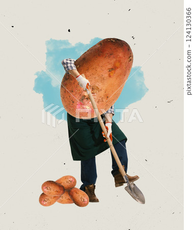 Contemporary art collage. Farmer with giant potato head shoveling in field. Surrealism. Contemporary art collage. Farmer with giant potato head shoveling in field. Surrealism. 124130366