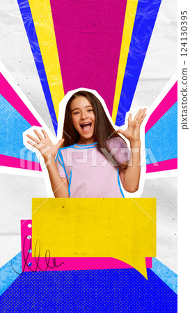 Happy girl expressing joyful experience. Enthusiasm reflected in customer positive expression. Satisfaction, loyalty Happy girl expressing joyful experience. Enthusiasm reflected in customer positive expression. Satisfaction, loyalty 124130395
