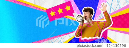 Guy shouting in megaphone for feedback. Representation of consumer voice, reputation management, and public perception. 124130396