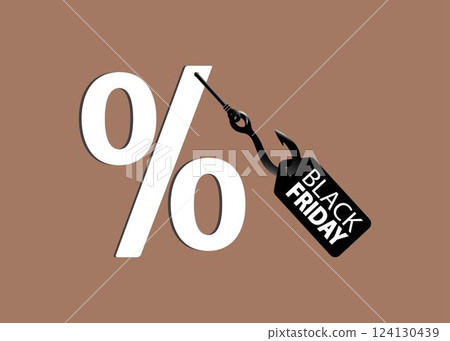 White Percent with Black Friday and copy space against brown background. Cyber monday, shopping, cyber shopping, sales, retail and shipping concept. 124130439