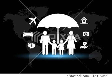 Life insurance and family protection concept. assurance, insurance, car, real estate and property, travel, finances, health, family, life, accident, and logistics insurance. 124130442