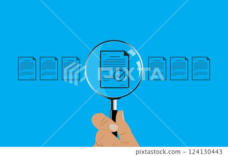 Hand holding magnifying glass over a document icon with checklist, Document review and approval. Document review process and quality control concept. Hand holding magnifying glass over a document icon with checklist, Document review and approval. Document review process and quality control concept. 124130443