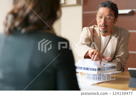 Businessmen having a meeting while pointing at an architectural model 124130477