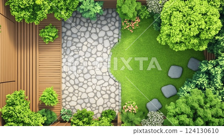Beautiful tranquil garden with wooden deck, stone paths, and lush greenery 124130610
