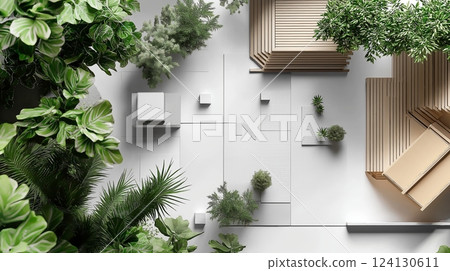Modern outdoor space design project featuring greenery and minimalist furniture 124130611
