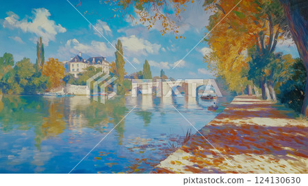 View of the River with colorful autumn trees and historic buildings under a vibrant sky 124130630