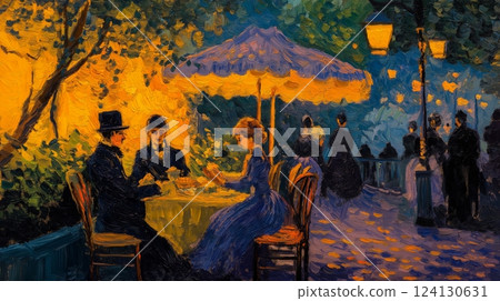 Evening gathering at a charming outdoor cafe illuminated by warm lamplight in a bustling city park 124130631