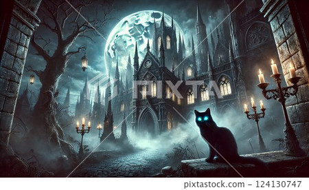 Dark fantasy castle and black cat 124130747